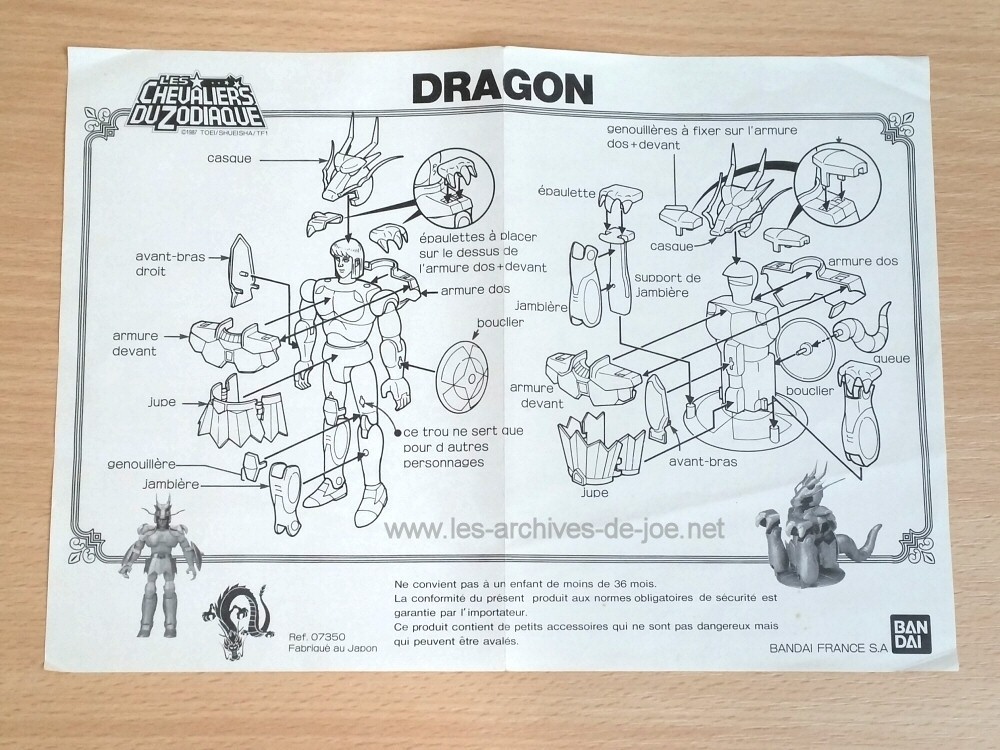 Les Chevaliers du Zodiaque Bandai vintage - Dragon V1 - notice FR (made in Japan)